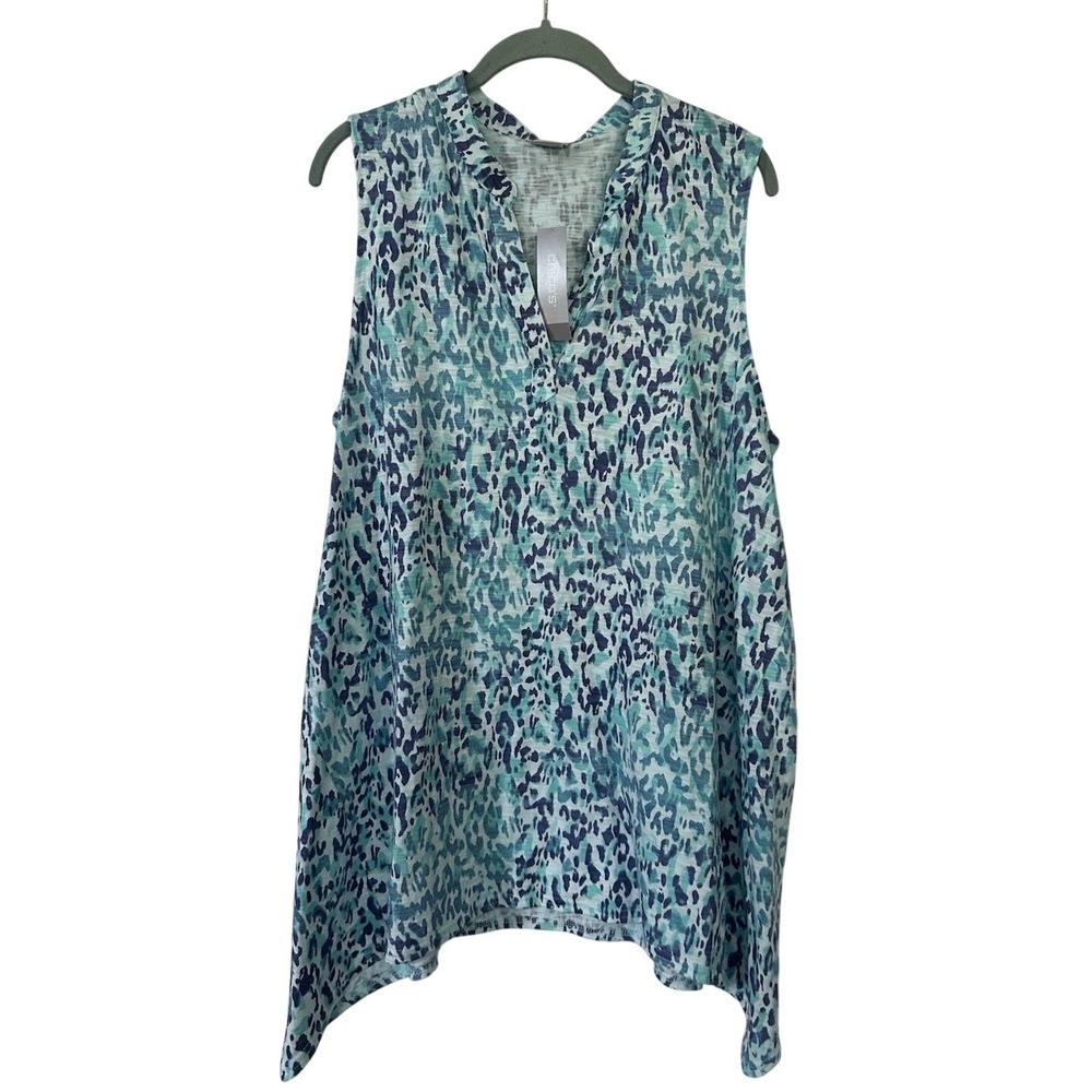 Chicos Cool Animal Tunic Tank Skylight Blue Leopard Cotton Slub Sharkbite 3 XL